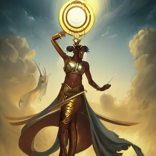 Image similar to Athena of Abyssinia in gold, defeats Chronos with thrown disc, by Peter Mohrbacher:5 Trending on Artstation:5