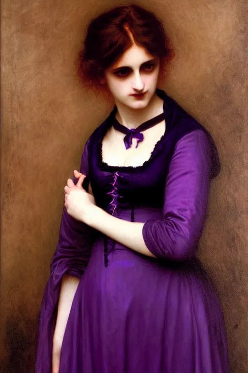 Image similar to victorian vampire in purple dress, painting by rossetti bouguereau, detailed art, artstation