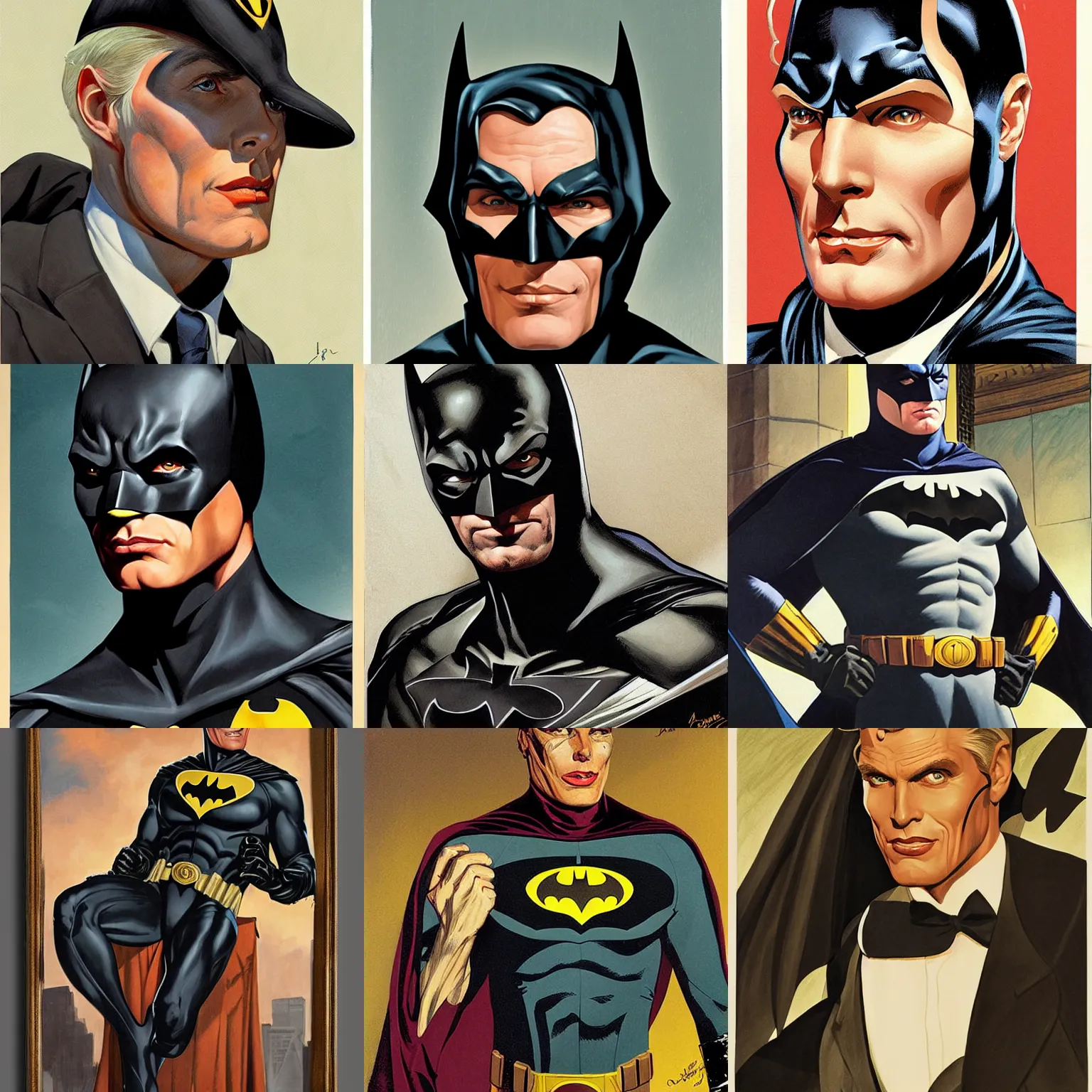 Prompt: portrait of batman adam west, painted by jc leyendecker