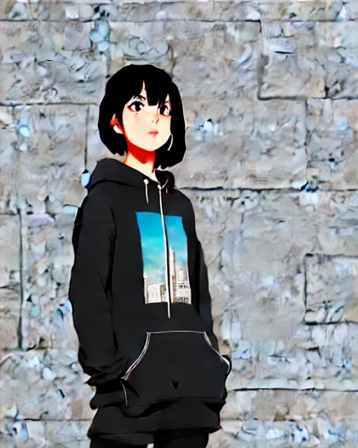 Prompt: black haired girl wearing hoodie, detailed city street background, anime illustration shinkai makoto oil painting