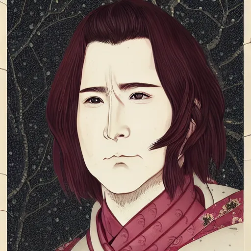 Image similar to detailed portrait of snape samurai with swords, in snow forest sakura cherry blossom, hakama kimono, trending on artstation elite, elegant, luxury, by krenz cushart, junji ito, takato yamamoto, perfect face, fine details, realistic shaded, fine - face, pretty face