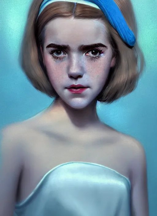 Image similar to portrait of kiernan shipka with freckles, white hair, big 1 9 6 0 s bob hairstyle with bangs and hairband, blue 1 9 6 0 s dress, intricate, elegant, glowing lights, highly detailed, digital painting, artstation, concept art, smooth, sharp focus, illustration, art by wlop, mars ravelo and greg rutkowski