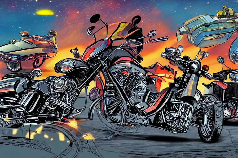 Image similar to motorcycles outside of bar night sky stars cartoon style drawn by jack kirby artstation 4 k 8 k graphic novel concept art matte painting