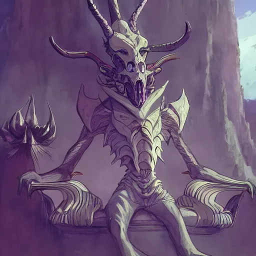 Image similar to concept art painting of a dragonlike anthropomorphic humanoid creature with a long dragon neck and horned skull mask, sitting on a throne, anime style, detailed, cel shaded, in the style of makoto shinkai and greg rutkowski and studio ghibli and moebius