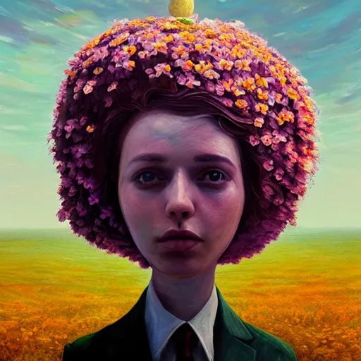 Prompt: giant daisy flowers head, frontal, girl in a suit, surreal photography, sunrise, dramatic light, impressionist painting, digital painting, artstation, simon stalenhag