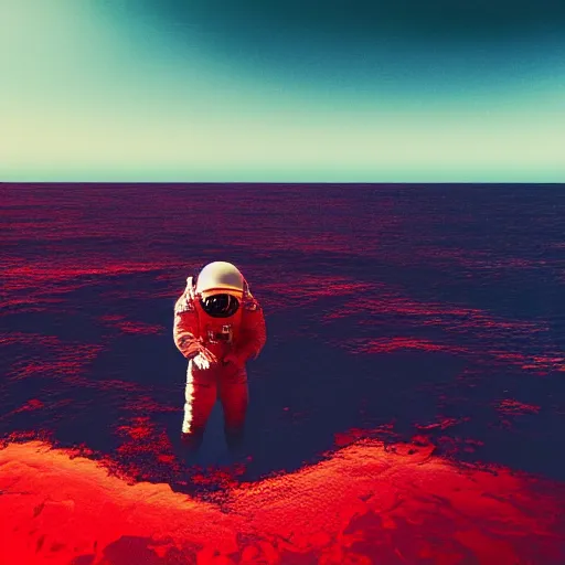 Image similar to an astronaut emerging from an ocean of red water, otherwordly sky, cinematic shot, 35mm, photography, High definition, 8k, detailed, deprh of field, photorealistic, epic atmosphere