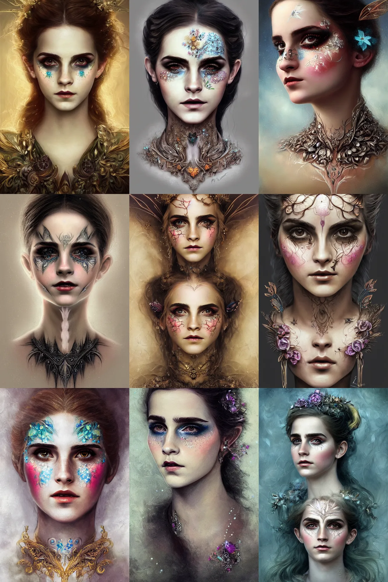 Prompt: portrait of a fairy, symmetric, facepaint facepaint facepaint, intricate jewelry, trending on artstation 4 k, in the style of karol bak and tom bagshaw, bust with face of emma watson, open mouth surprised expression