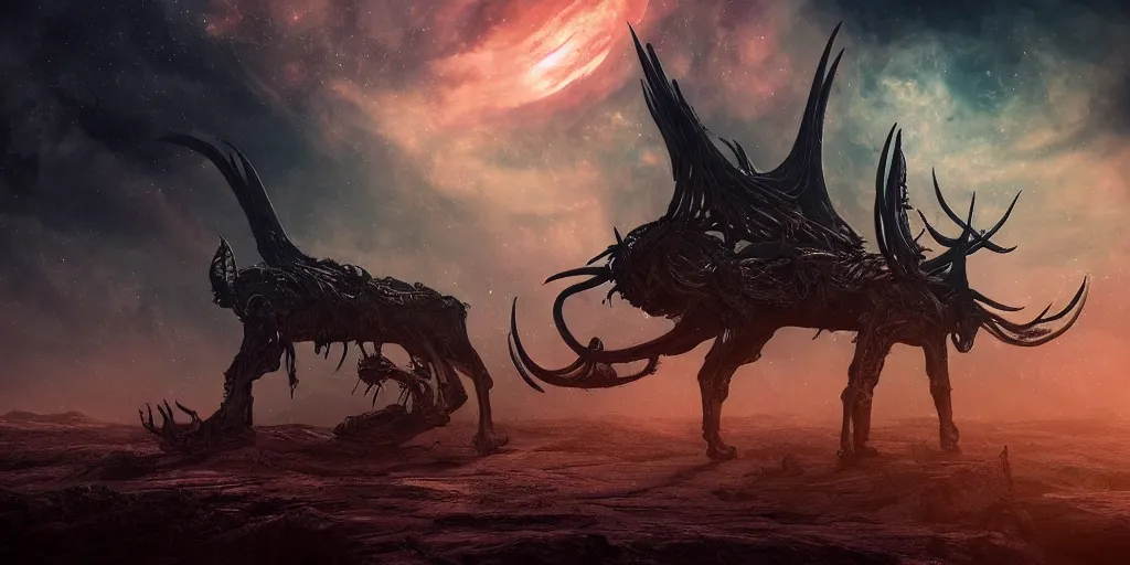 Prompt: a digital intricate illustration concept art of a silhouette of massive baphomet spaceship!!!!! with antler, galaxy, gothic, surreal, dread scary spaceship, natural cinematic volumetric lighting, realistic 4 k octane beautifully detailed render, 4 k post - processing, epic composition, magical atmosphere, masterpiece, trending on artstation