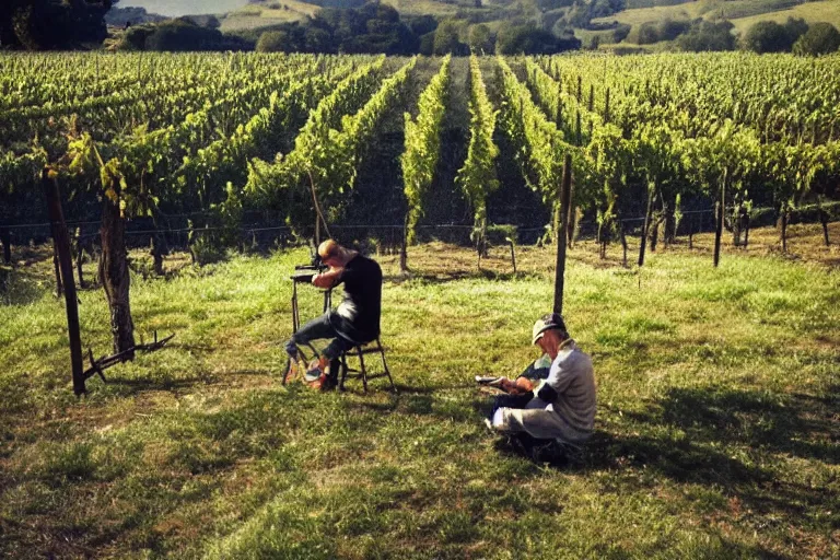 Image similar to cinematography plein air painters in a vineyard in France by Emmanuel Lubezki