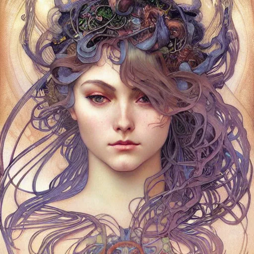 Prompt: realistic detailed face portrait of Ocean Goddess Annasophia Robbby Alphonse Mucha, Ayami Kojima, Amano, Charlie Bowater, Karol Bak, Greg Hildebrandt, Jean Delville, and Mark Brooks, Art Nouveau, Neo-Gothic, gothic, rich deep moody colors