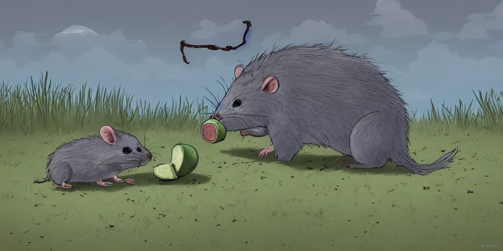 Prompt: gray, fluffy rat eating avocado, in the style of Simon Stålenhag  -H 1024