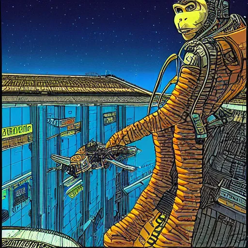 Prompt: a cyberpunk monkey in a spaceport by jean giraud