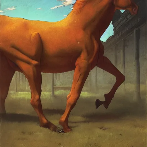 Prompt: carnivorous cyborg horse, by c. leyendecker, degas, simon stalenhag, studio ghibli, barlowe, audobon and beksinski