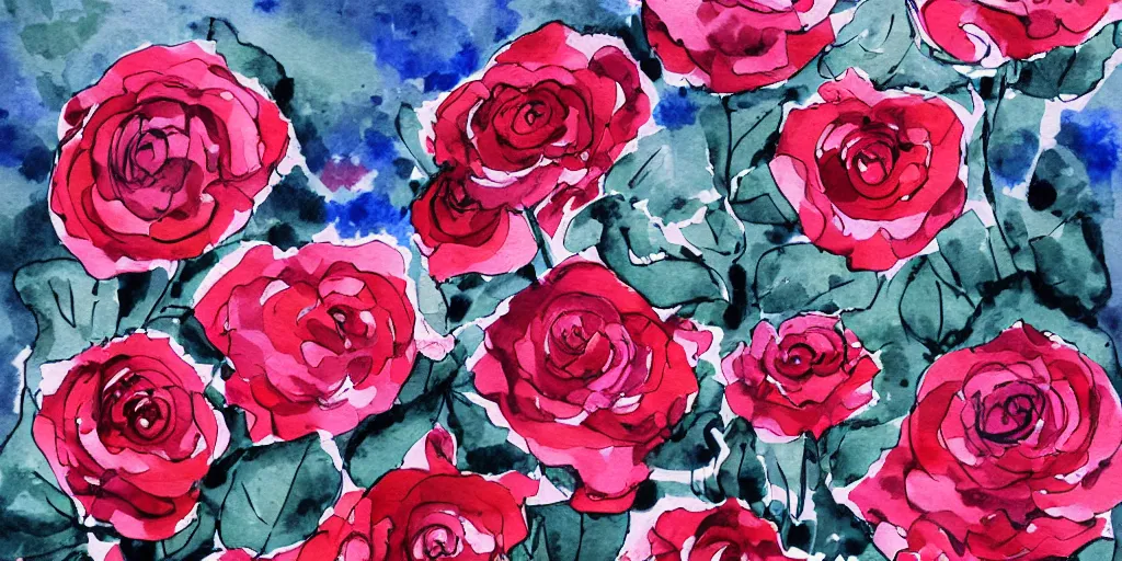 Image similar to sea of roses, ink painting