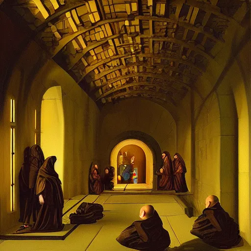 Image similar to underground tunnels inhabited by hooded monks, mechanical computers, lights and switches, portal to the dreamworld, baroque oil painting