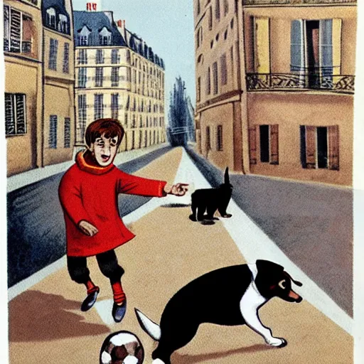 Image similar to book illustration of a french boy on the streets of paris playing football against a corgi, the dog is wearing a polka dot scarf, 1 9 6 6