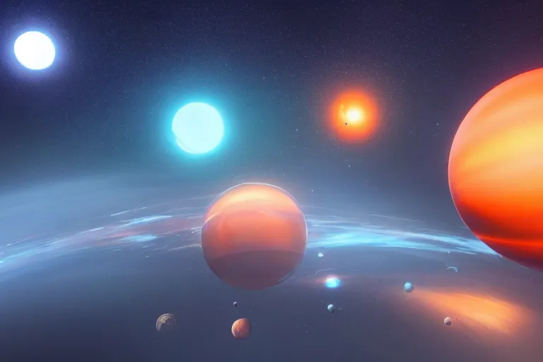 Image similar to beautiful sci fi space landscape with perfectly spherical planets, concept art trending on artstation, blue and orange, volumetric lighting, 8k