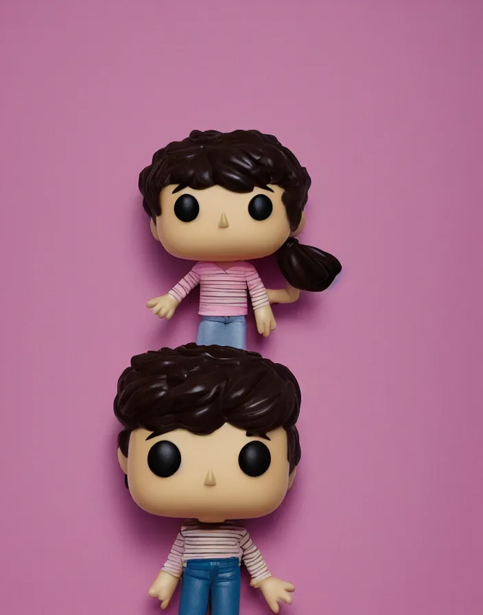 Prompt: singular human in the shape of a Funko Pop posing for a portrait, studio lighting, pink striped wallpaper backdrop, 8k