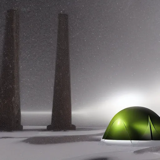 Image similar to advanced futuristic tent, camping on top of a tower, in an ice storm, hyperrealism