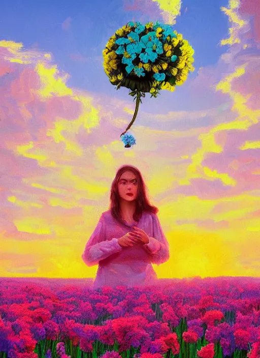 Image similar to woman with a giant carnation as a face, flower field, surreal photography, sunset dramatic light, impressionist painting, colorful clouds, blue sky, digital painting, artstation, simon stalenhag