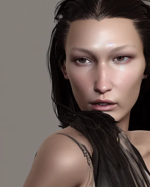 Image similar to a highly detailed metahuman 8 k close up render of bella hadid in iris van herpen with facial accessories made in unreal engine 4