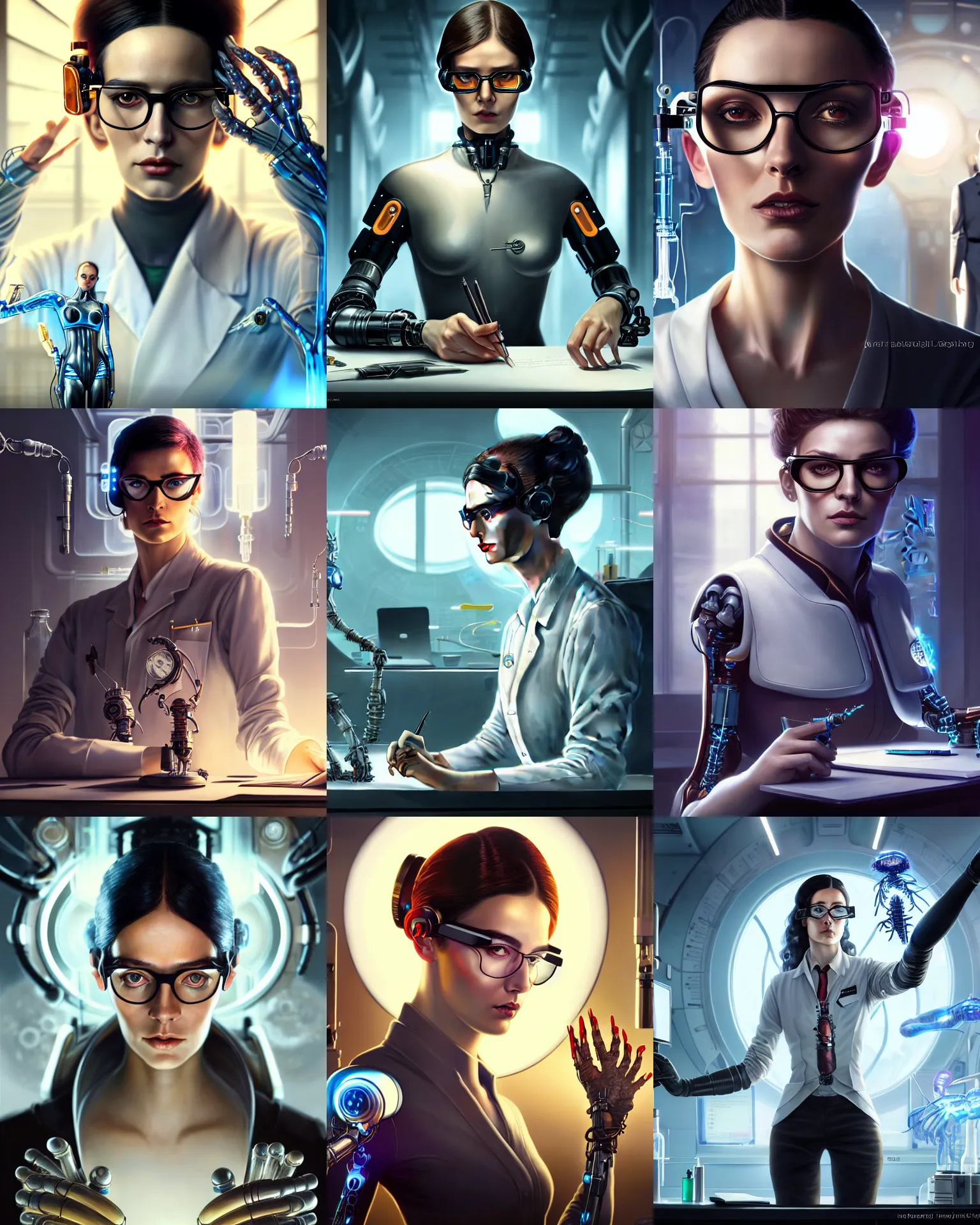 Prompt: karol bak and tom bagshaw and wlop full body detailed character portrait of a beautiful nerdy augmented scientist wearing glasses, at a work desk thinking intensely, wearing a lab - coat and has cybernetic hands, laboratory in the background, artstation scifi character concept art, unreal engine, 4 k digital camera, sharp focus, movie still