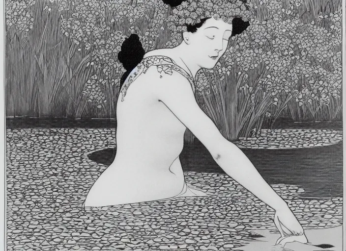 Prompt: A girl bathes in a lake where water lilies are floating, lithography by Aubrey Beardsley, High definition, detailed,