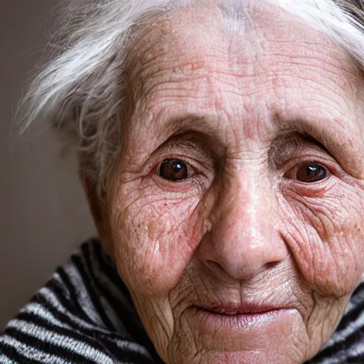 Prompt: The portrait is of an elderly woman. She has wrinkles on her forehead and around her eyes. Her skin is dry and pale, her hair is white and thin, and she has a small mole on her chin. All the pores of the skin are visible. by Mark Mann and Steve McCurry. Rembrandt. Nikon D850. Sigma 85mm F1.4 DG HSM A. Aperture f/3.5. Shutter speed 1/60. ISO 1600.