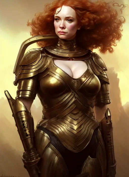 Image similar to valkyrie christina hendricks, beautiful face, highly detailed face!!!, anatomical armour, true anatomy!, extremely detailed!, digital painting, unreal engine 5, art by artgerm and greg rutkowski and alphonse mucha