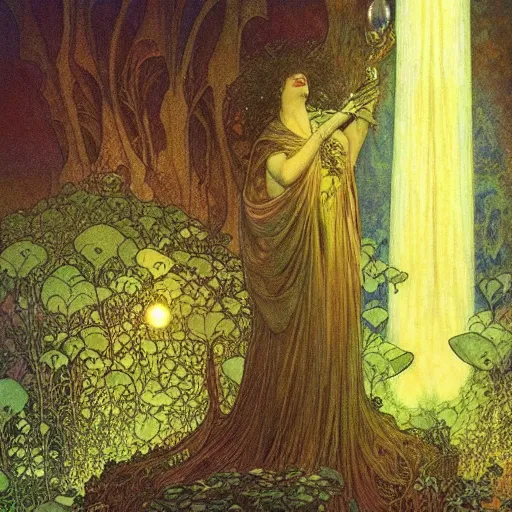 Prompt: Gaia looking down on Earth, ethereal glow, drapery, art by Moebius, Brian Froud, John Bauer, Alphonse Mucha