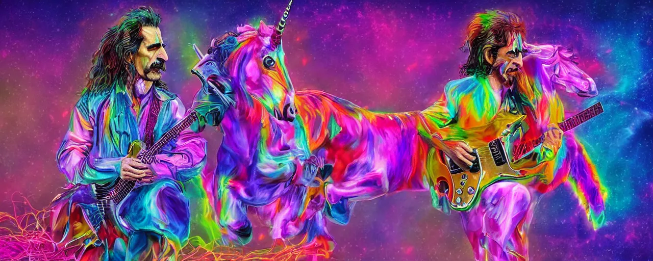 Prompt: A 3d rendered colourful portrait of frank zappa playing an electric guitar whilst riding a unicorn, digital art, 4k