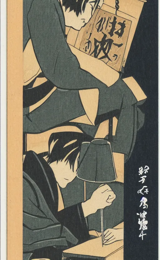 Prompt: by akio watanabe, manga art, a male calligrapher writing next to a lamp, trading card front, winter season, realistic anatomy