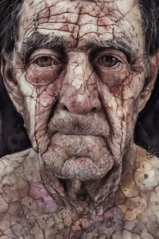 Prompt: portrait of a old man with aquarelle painted skin. close up, very dark brown hair, light eyes, intricate dark flowers pattern background, high detail, by Eddie Mendoza