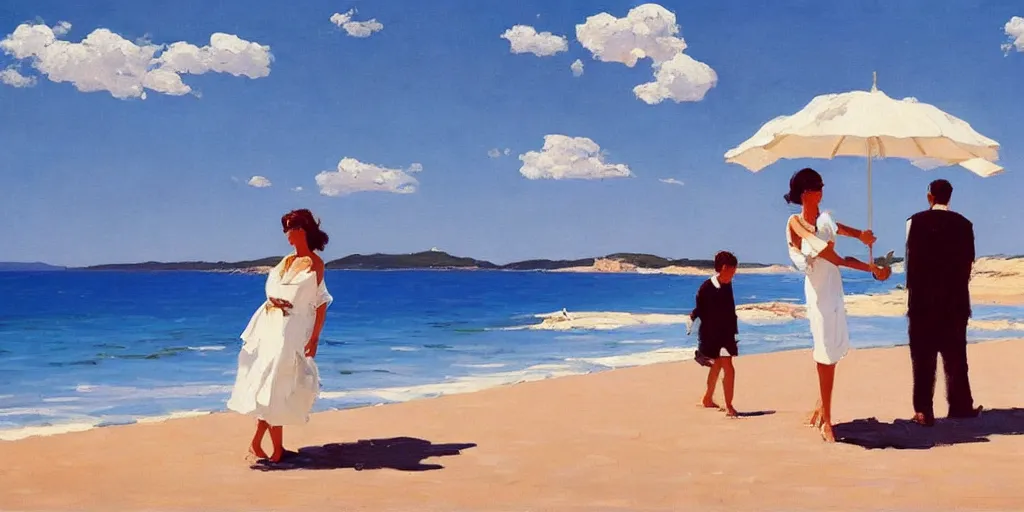 Image similar to a couple and a baby on a beach in sardinia, white sand, blue sky, summer, painting by jack vettriano