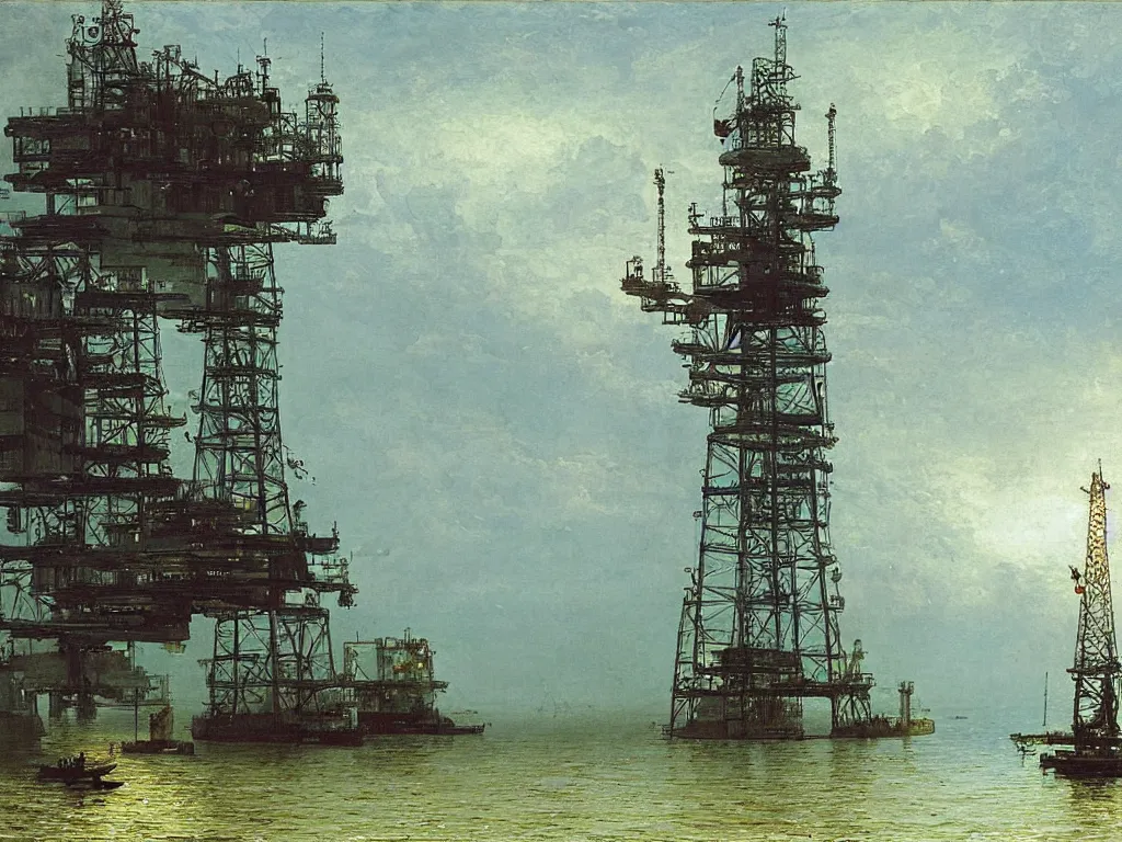 Image similar to an oil platform, by carl spitzweg