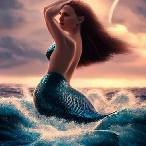 Prompt: Natalie Portman as a beautiful mermaid sitting on a rock in the middle of a stormy ocean, watching the seagulls flying above her, fantasy painting, hyperrealistic, hyperdetailed, depth of field, High definition, 8k, octane render, artstation