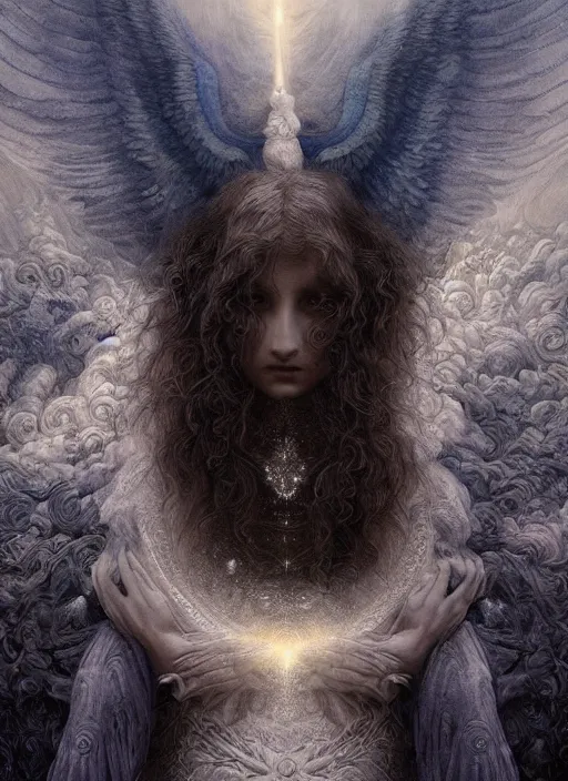 Image similar to Her huge ominous glowing blue eyes staring into my soul , perfect eyes, soft pale white skin, intricate stunning highly detailed, agostino arrivabene, artgerm, twisted dark lucid dream, 8k portrait render, raven angel wings, swirling smoke , beautiful lighting, dark fantasy art, cgsociety