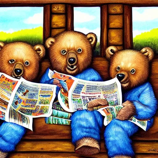 Image similar to 3 bears in tie dye shirts reading newspapers in a cottage, highly detailed, childrens fairy tale, portrait painting, illustration by scott gustafson