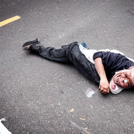 Prompt: Drunk man passed out in the street