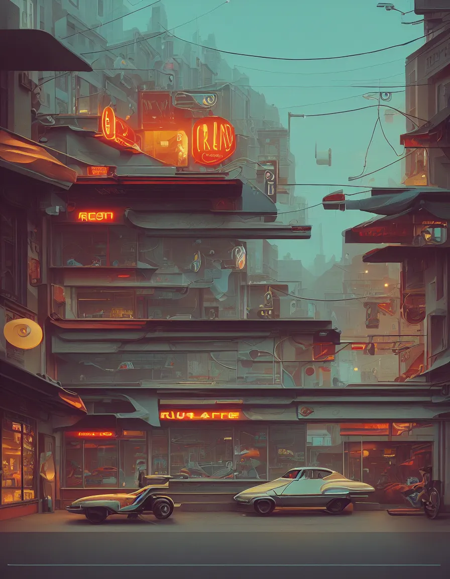 Prompt: retrofuturistic environment storefronts and cars, close up, quint buchholz, wlop, dan mumford, artgerm, liam brazier, peter mohrbacher, raw, featured on artstation, octane render, cinematic, rugged, intricate, 8 k