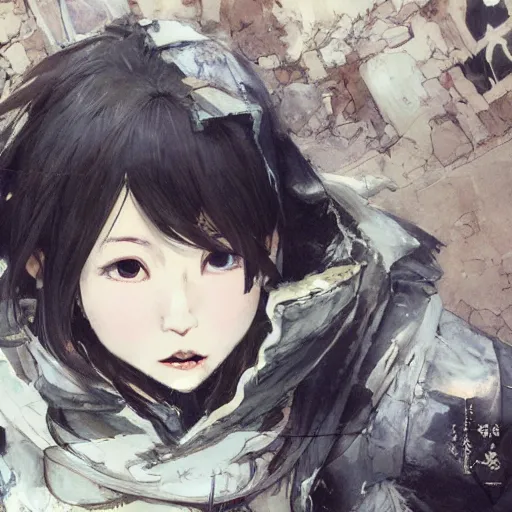 Prompt: cute japanese girl with small horns, dressed in an old white coat, praying on the floor of a destroyed church, with an elegant smile, view from above, detailed artwork by Yoji Shinkawa, trending on artstation