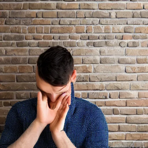 Prompt: professional photograph of a man touching a mirror on the wall