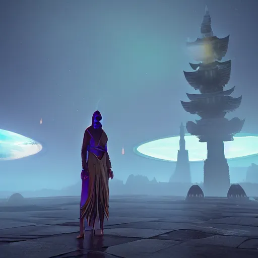 Image similar to high - tech space cult witch looking at floating islands while, foggy of a ancient temple in temple dramatic lighting, epic, octane render, volumetric light, unreal engine, artbreeder, 8 k, background, scene