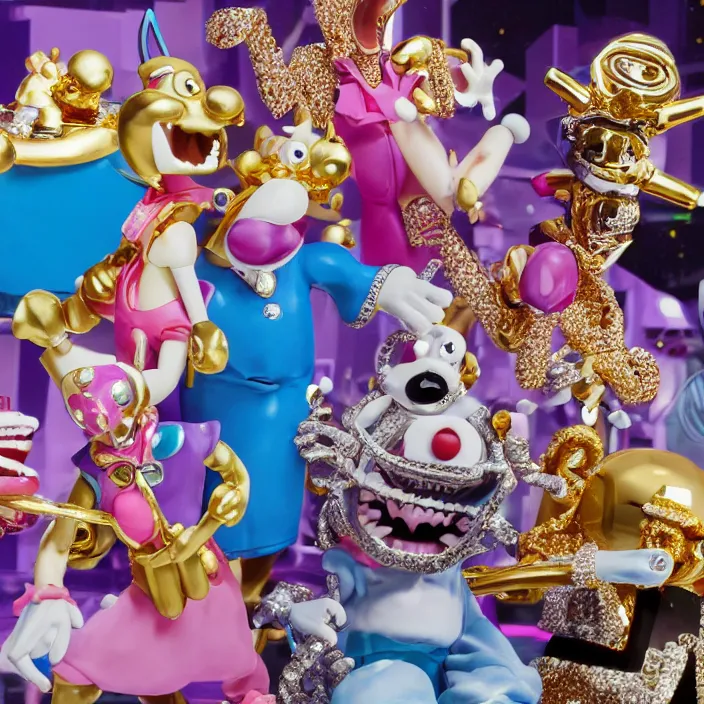 Image similar to jeff koons hip hop bauhaus style street sharks sailor moon wearing diamond grillz and a ton of bussdown iced gold bling in wallace & gromit strata - cut claymation, ultra realistic, concept art, intricate details, serious, highly detailed, photorealistic, octane render, 8 k, unreal engine, art by todd mcfarlane