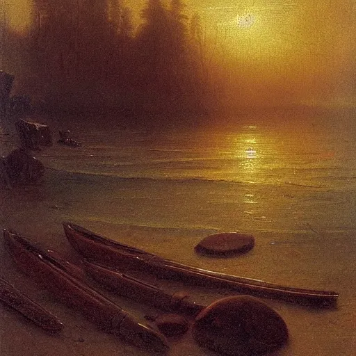 Prompt: An 1858 detailed oil painting of lost paddles on a primeval New England beach, by Albert Bierstadt. Misty, beautiful, natural, golden light.