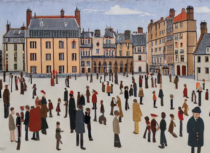 Image similar to a scene from a wes anderson movie painted by ls lowry