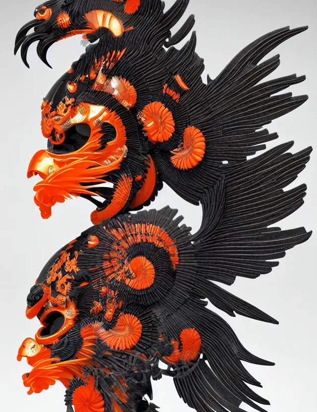 Image similar to 3 d goddess close - up profile portrait biomechanics with ram skull. beautiful intricately detailed japanese crow kitsune mask and clasical japanese kimono. betta fish, jellyfish phoenix, bio luminescent, plasma, ice, water, wind, creature, artwork by tooth wu and wlop and beeple and greg rutkowski. gold black teal and orange color scheme