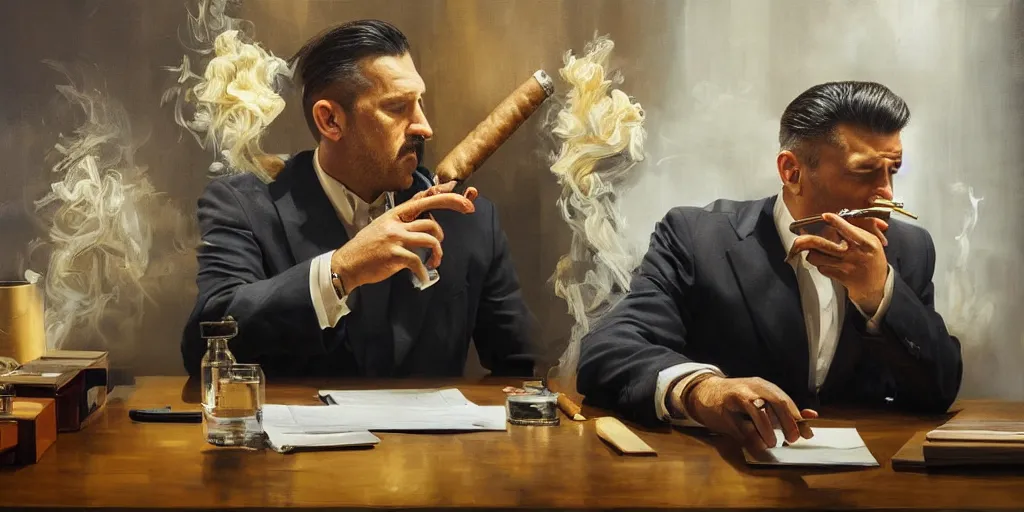 Image similar to abstract oil matte portrait painting, mafia boss smoking a cigar at his 5 0 s new york office desk, wonderful masterpiece highly detailed, beautiful cinematic light deep focus, elegant, digital painting, smooth, sharp focus, golden ratio, dramatic illumination, ultra realistic, 8 k, art by jimmy law