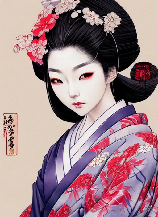 Image similar to lovely japanese geisha, character portrait, sketch, concept art, intricate details, highly detailed photorealistic, portrait, in the style of adam hughes, seseon yoon, artgerm and warren louw