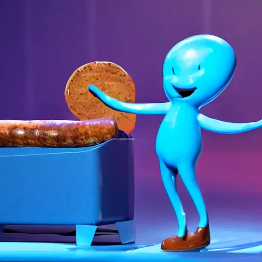 Prompt: a small smooth blue creature in the shape of a sausage stands on a huge microphone on the stage